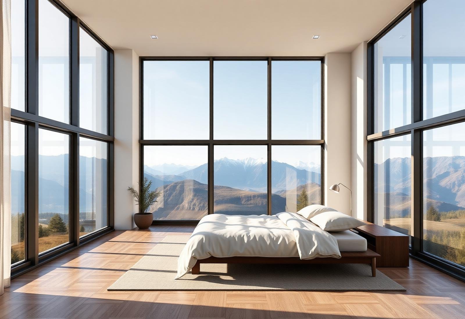 Photorealistic bedroom interior with mountain view